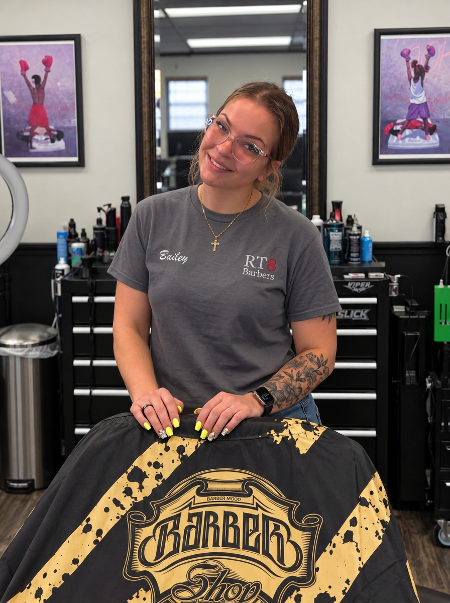 Bailey, barber and cosmetologist at RT8 Barbers